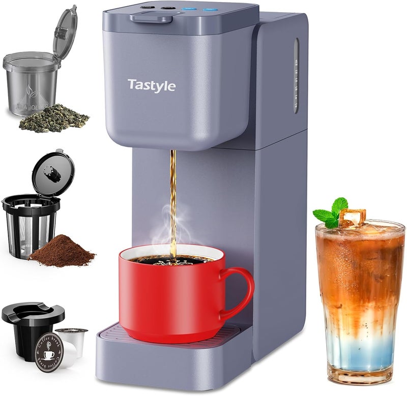 Tastyle Single Serve Coffee Maker for K Cup, Ground and Tea, Hot and Iced Coffee Machines with Bold Setting, 6 to 16 Oz Brew Sizes, Compact for Small Spaces, Gray (2.0 Version) - Image 1